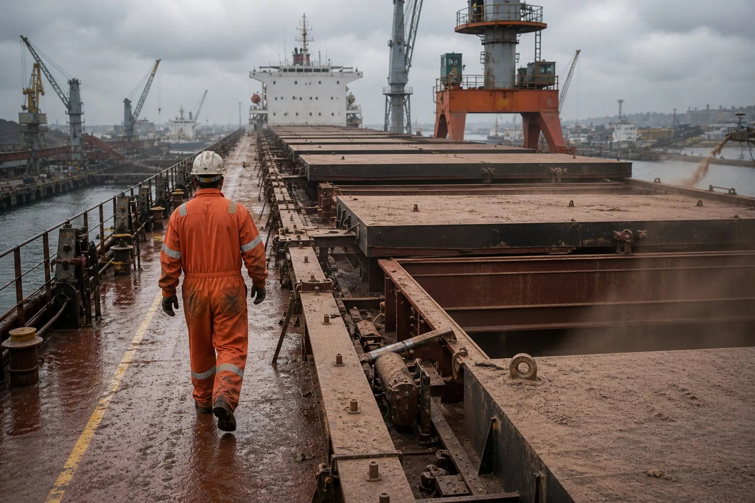 Crew member on a bulk carrier deck near open cargo holds, hatch covers, dust, and working gear