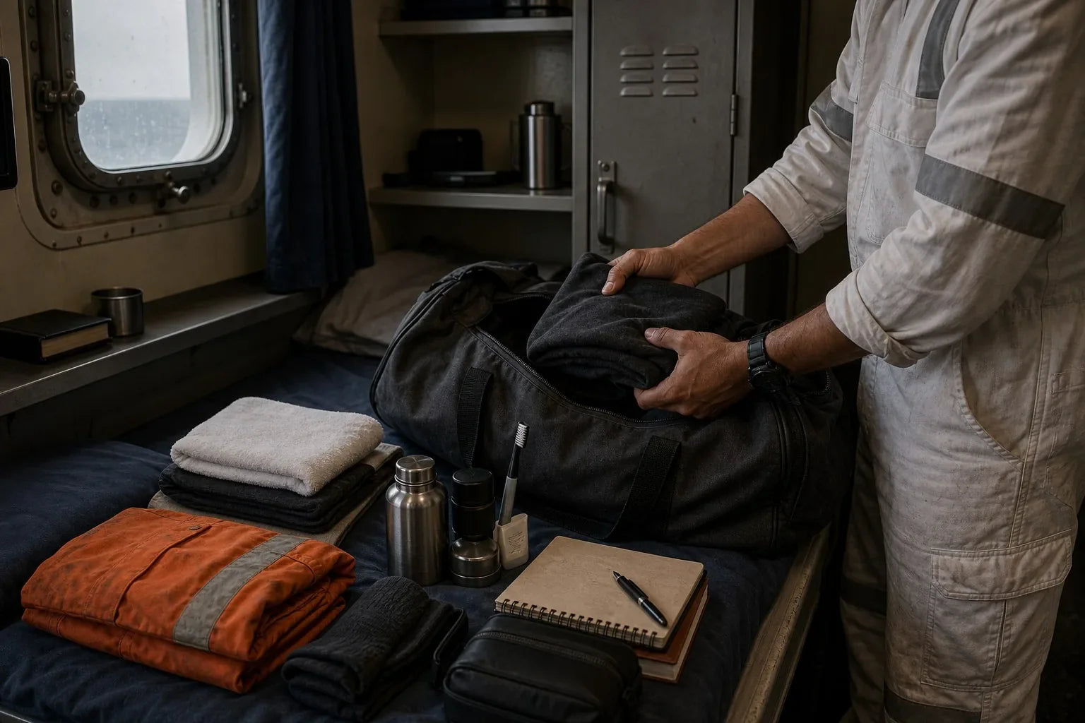 Compact practical gifts for a seafarer packed beside a cabin bunk before a long contract