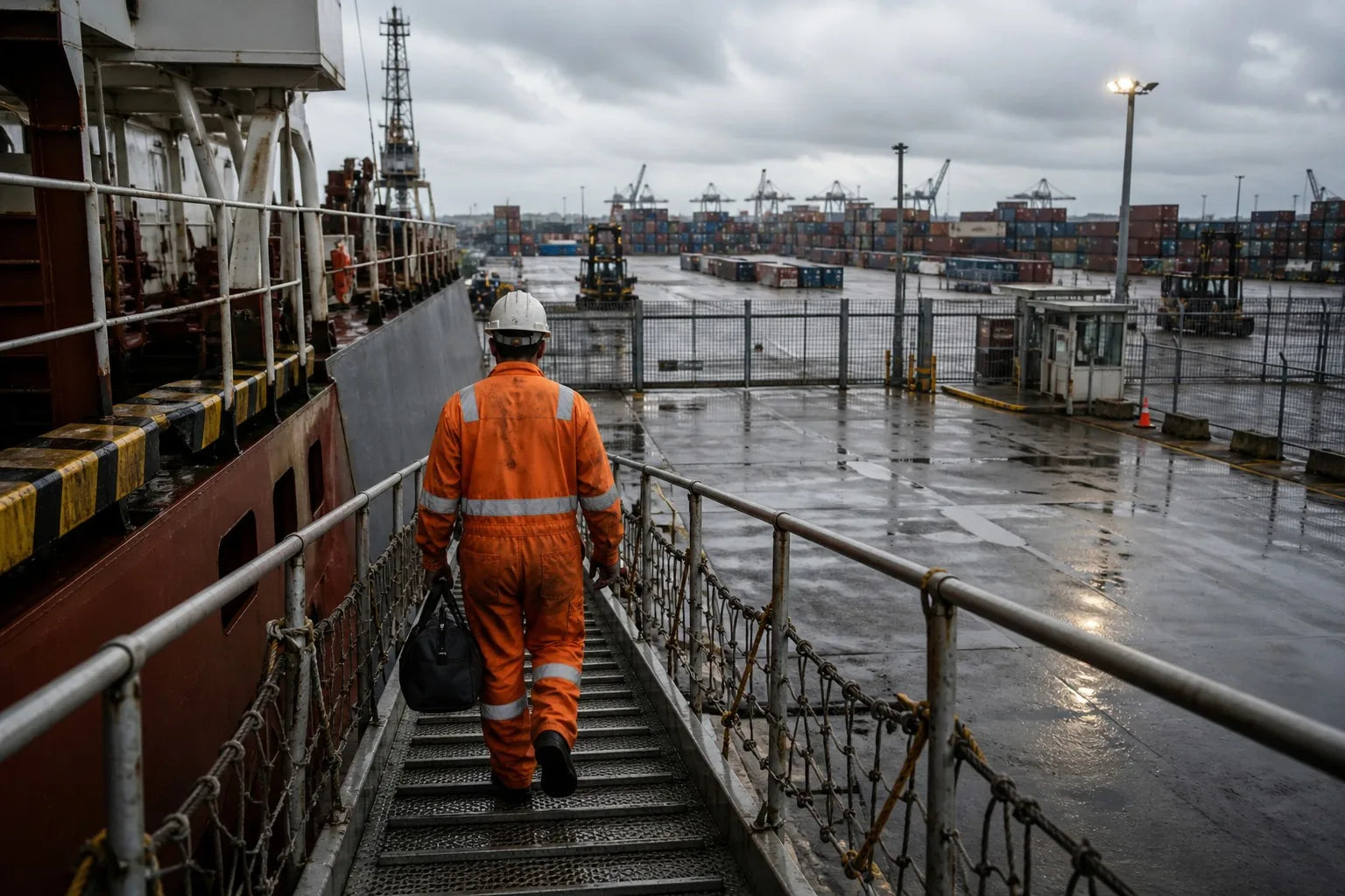 Seafarer leaving a ship gangway toward a port gate during limited shore leave