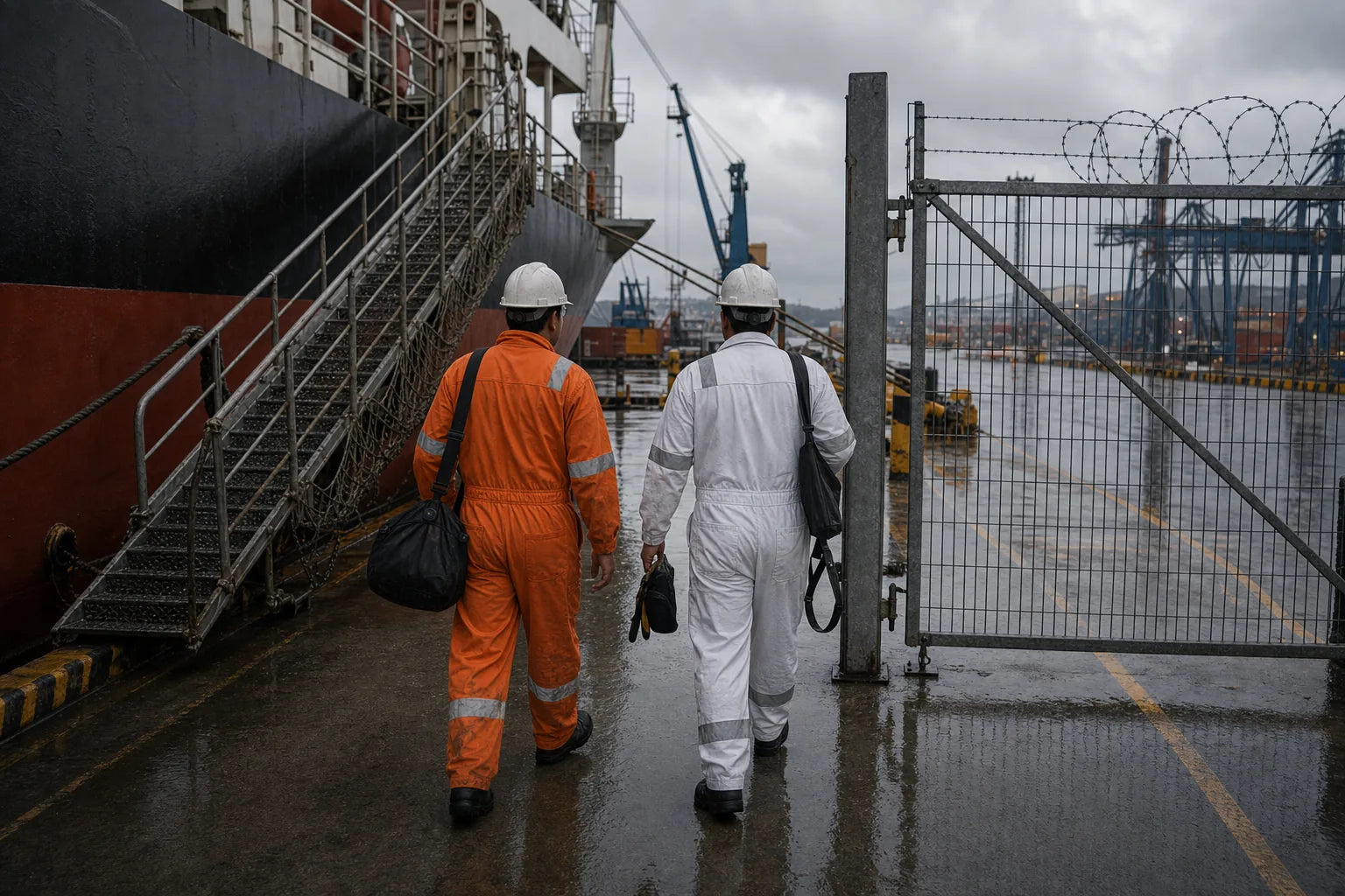 Crew members in orange and white workwear near a port gate showing maritime identity instead of fashion styling
