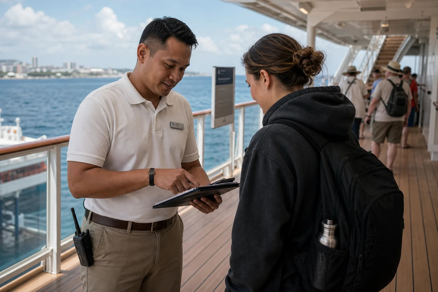 Shore excursion crew in a cruise uniform assisting a guest in a dark hoodie near the gangway