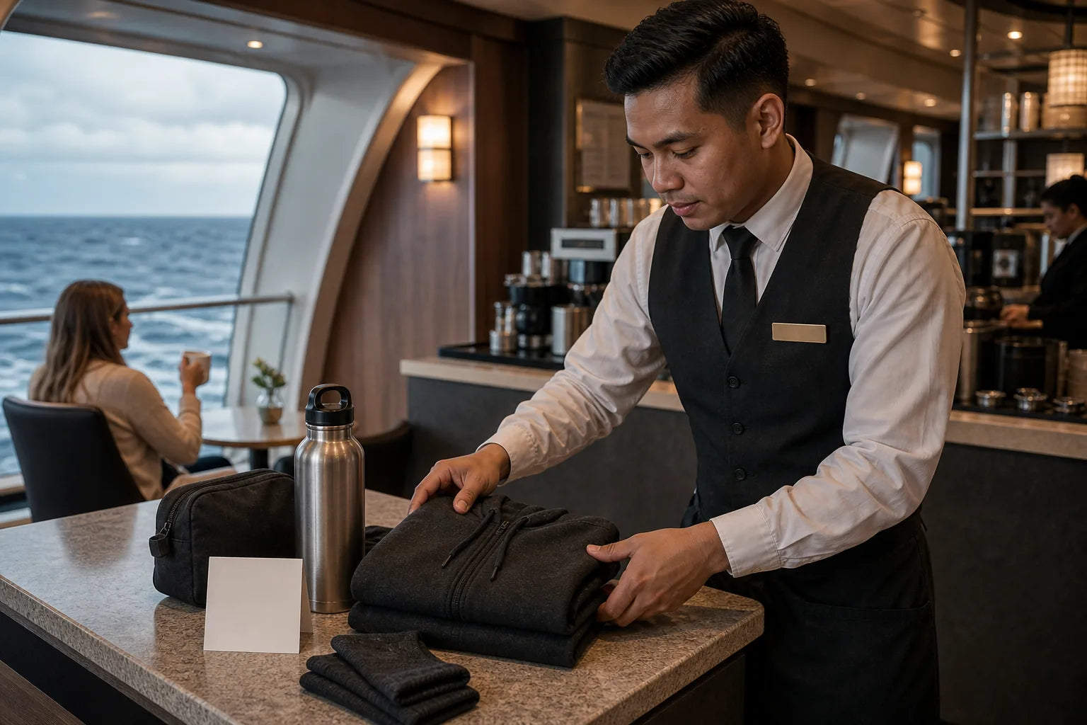 Food and beverage cruise crew in a white shirt and dark vest near crew support gift items