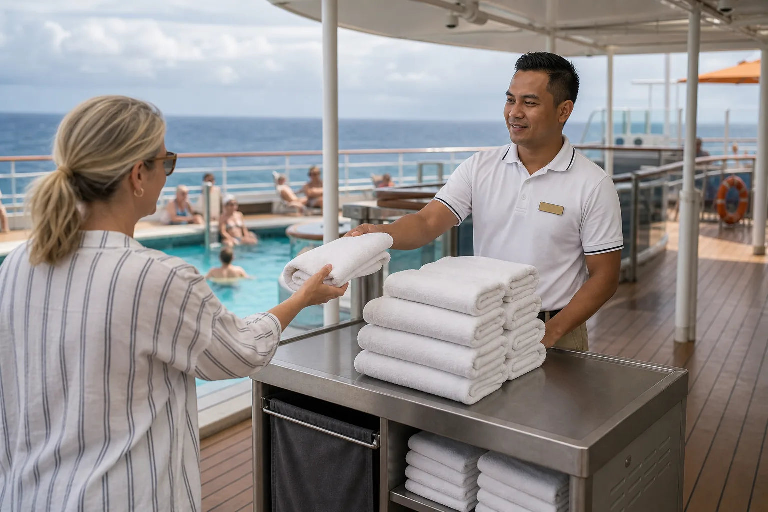 Cruise pool deck attendant in a white service uniform organizing towels for guests with respect for crew workload