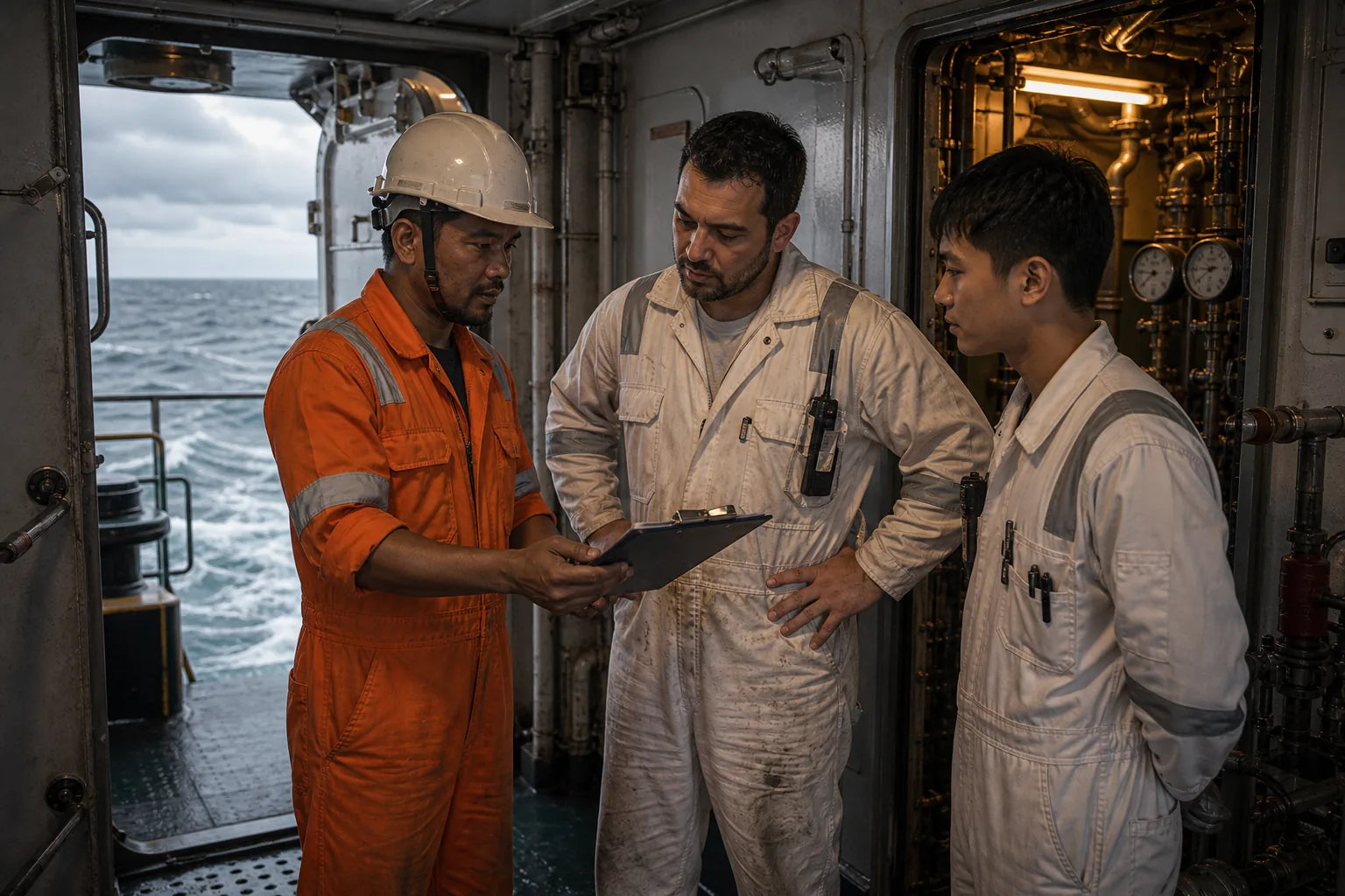 Deck and engine crew during a practical handover on a working vessel between watches