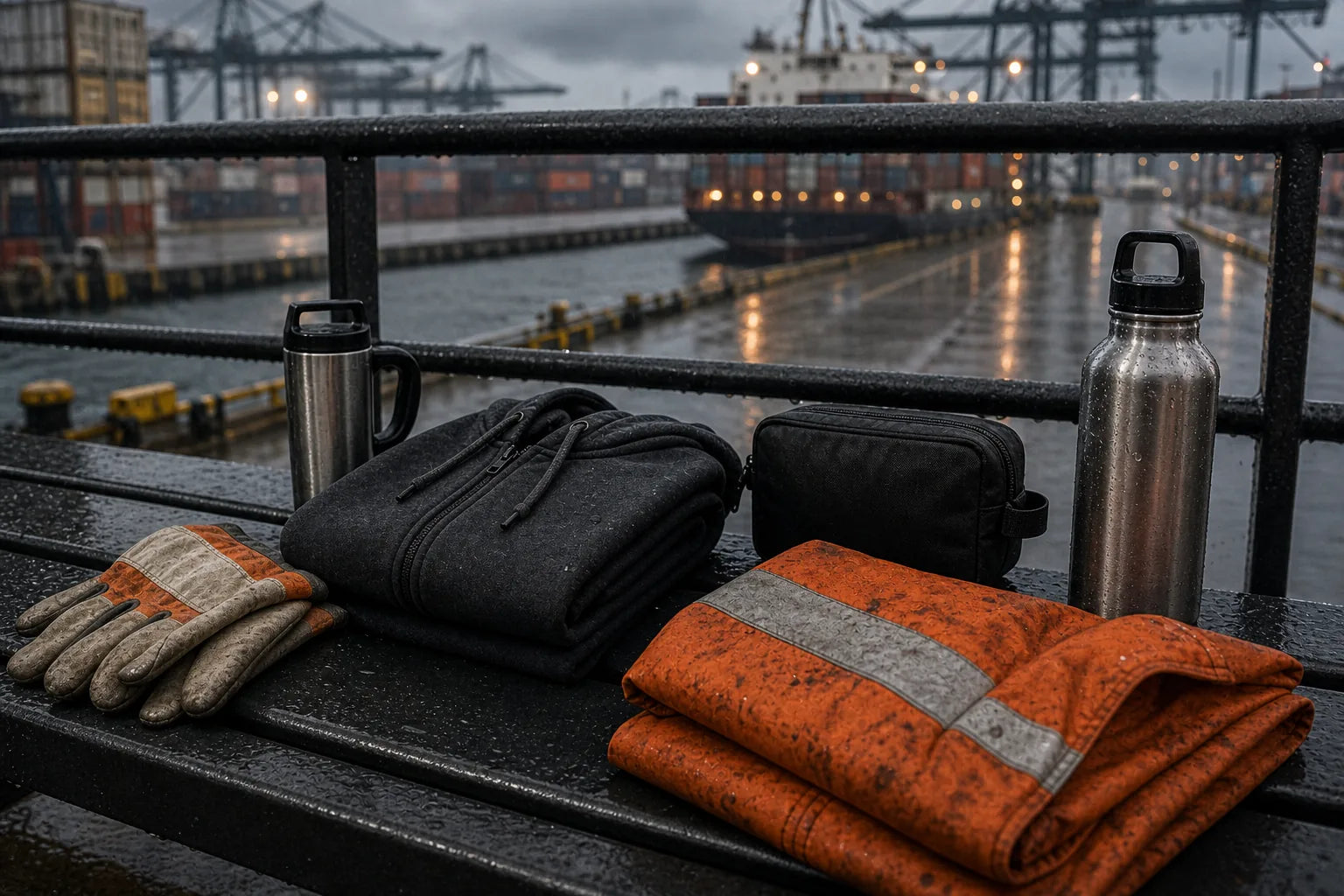 Crew gear on a wet port bench rejecting yacht and tourist nautical trends in favor of working maritime culture