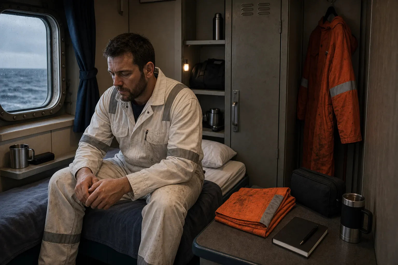 Seafarer in a small ship cabin after watch, sitting quietly beside work gear and a porthole