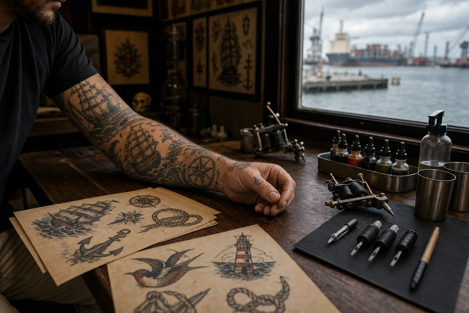 Traditional maritime tattoo flash and a seafarer's tattooed forearm in a port-side studio atmosphere