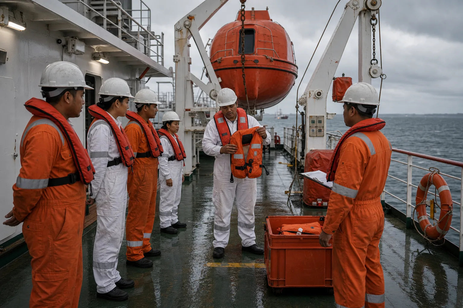 Crew in orange and white PPE gathered at a muster station beside lifeboat gear for a SOLAS drill