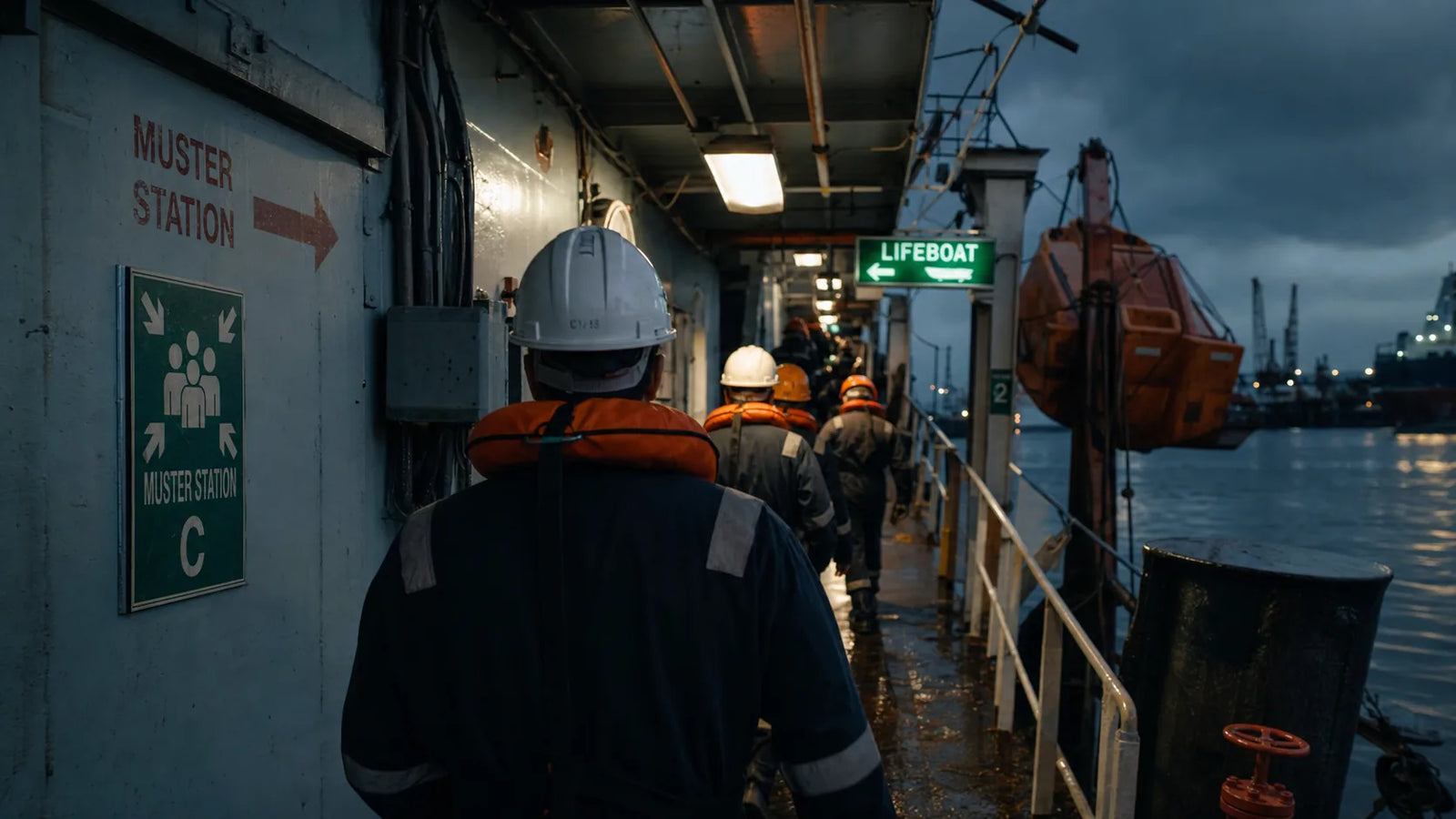 Crew at a ship muster station during a general emergency alarm drill with lifeboat signs and safety gear visible