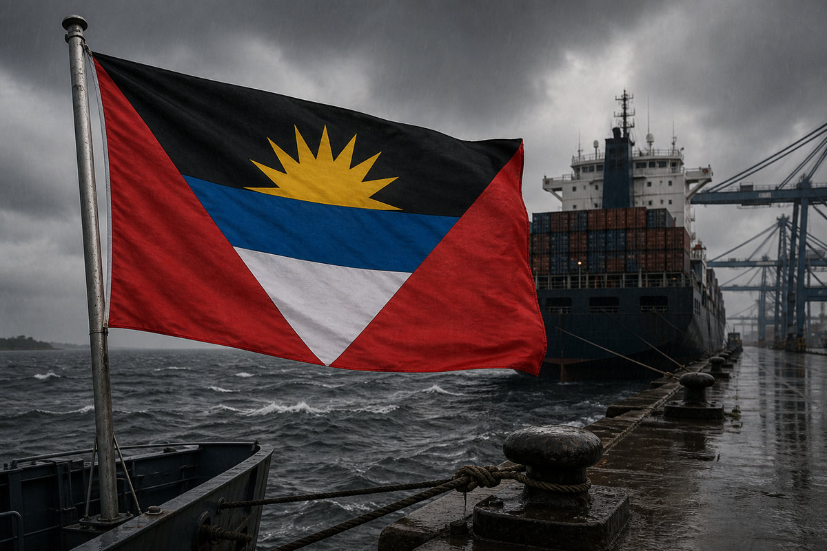 Antigua and Barbuda flag at an industrial pier beside a container feeder ship