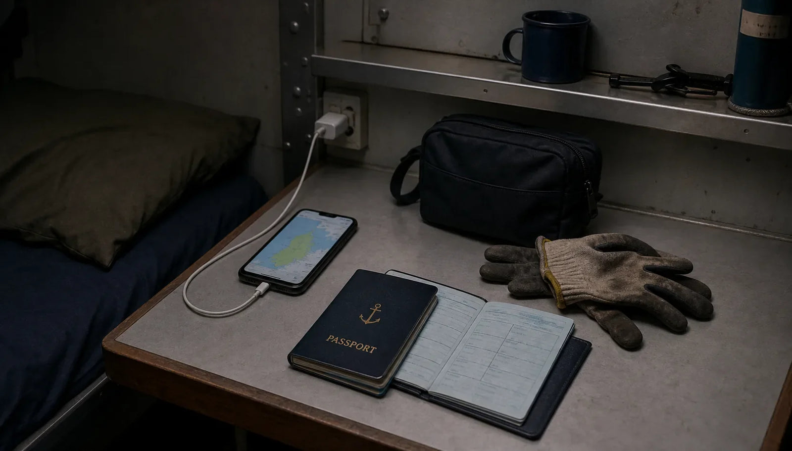 Seafarer phone setup with offline maps, documents, charger, and shore leave gear before joining a ship