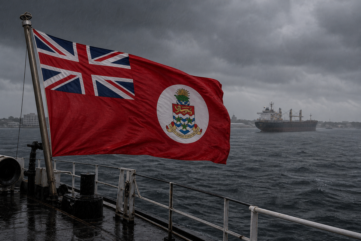 Cayman Islands Red Ensign on a commercial vessel in a grey squall