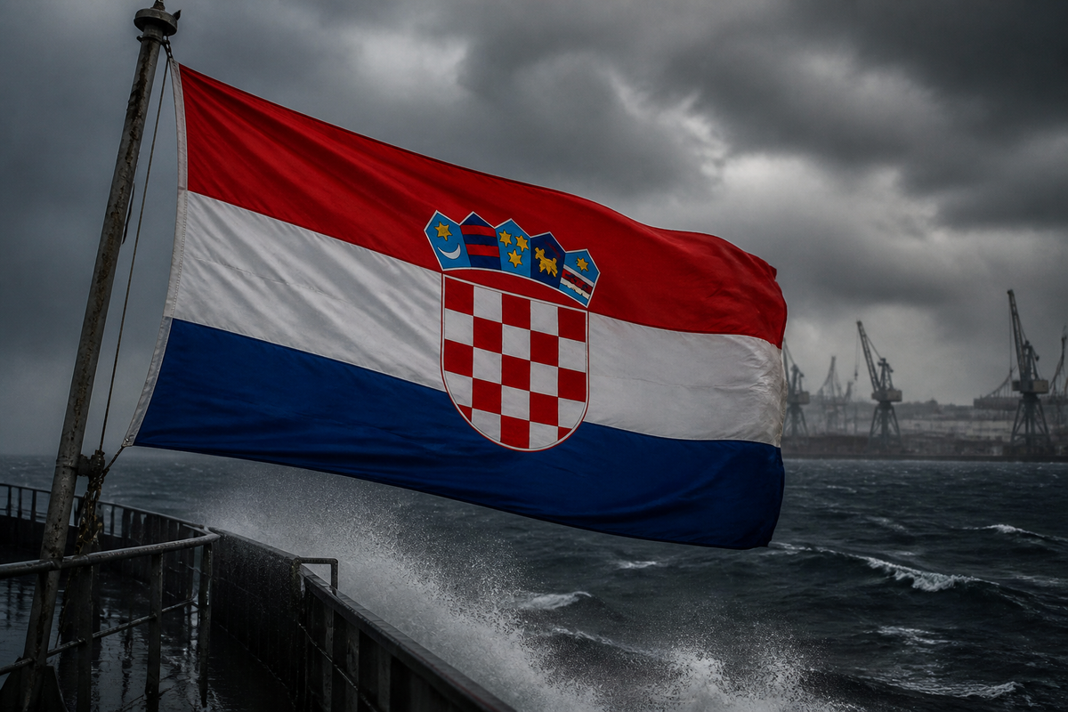 Croatian flag straining in hard wind above a wet cargo ship deck near Rijeka