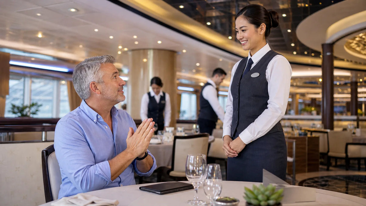 Cruise guest respectfully thanking a crew member near a bright restaurant service area