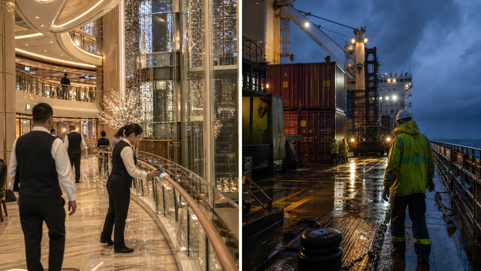Bright cruise ship hospitality area with uniformed crew beside a wet cargo ship deck showing the contrast between cruise ship life and cargo ship life