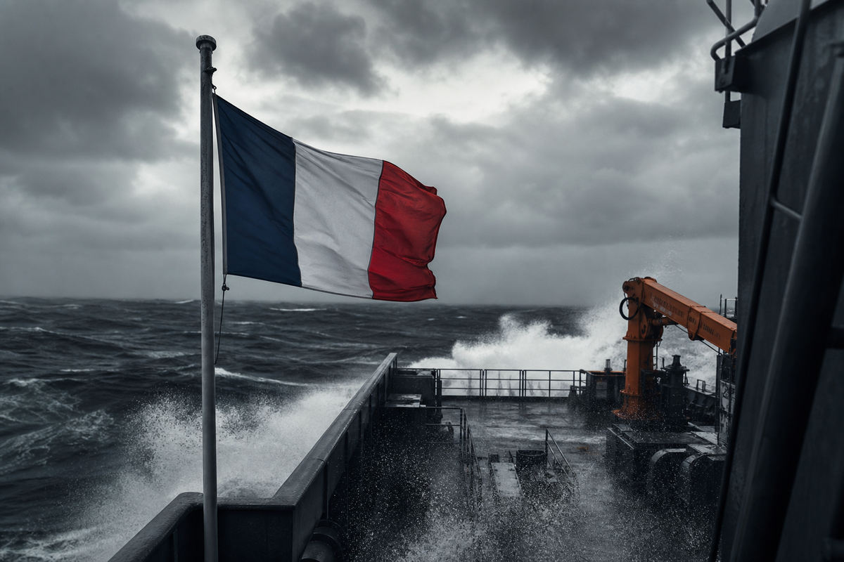 French flag on an offshore support vessel in a grey Atlantic swell