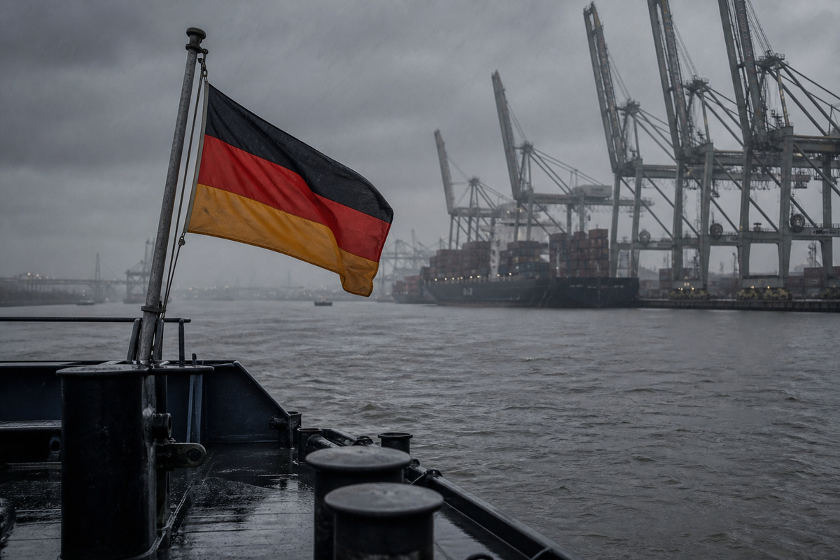 German flag flying from a container ship on the Elbe near Hamburg cranes