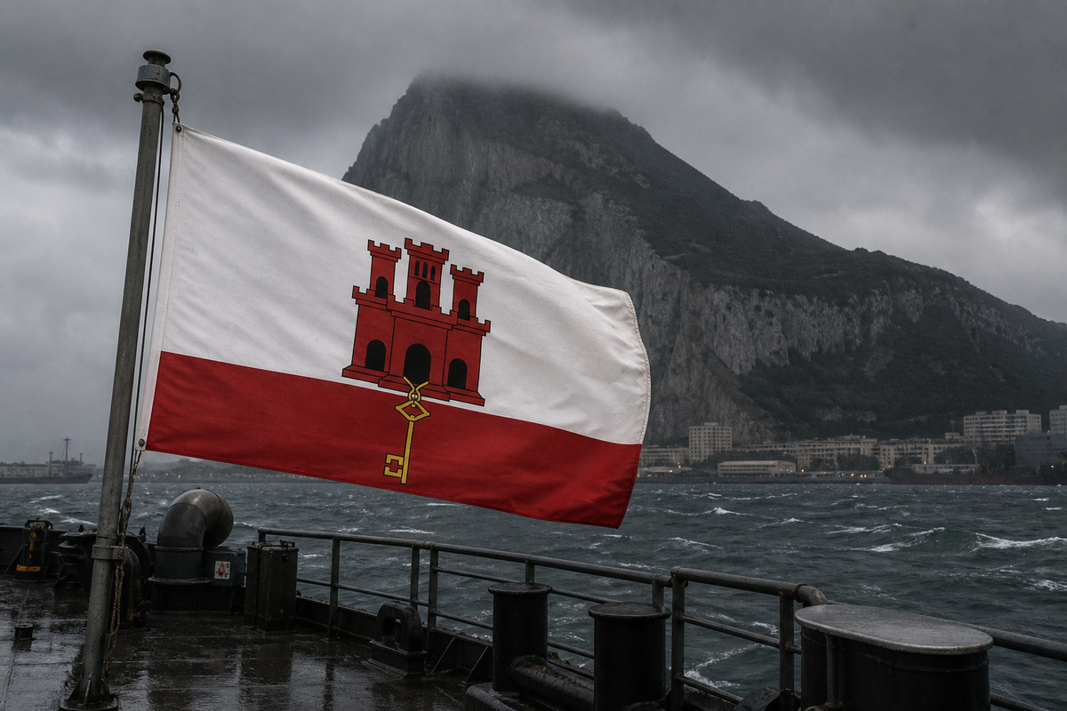Gibraltar flag flying from a tanker with the Rock of Gibraltar behind