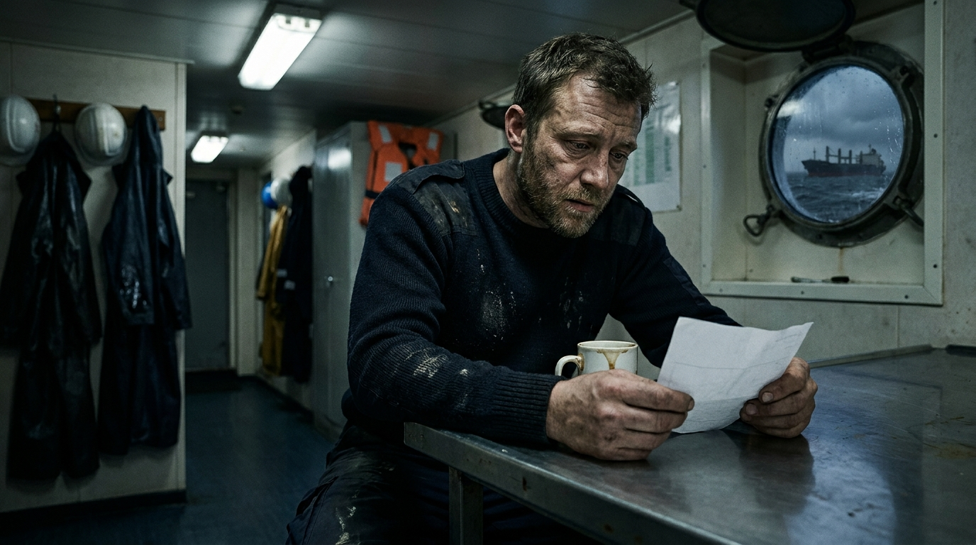 Seafarer reading his wage statement alone at a steel table in a ship's mess room at night