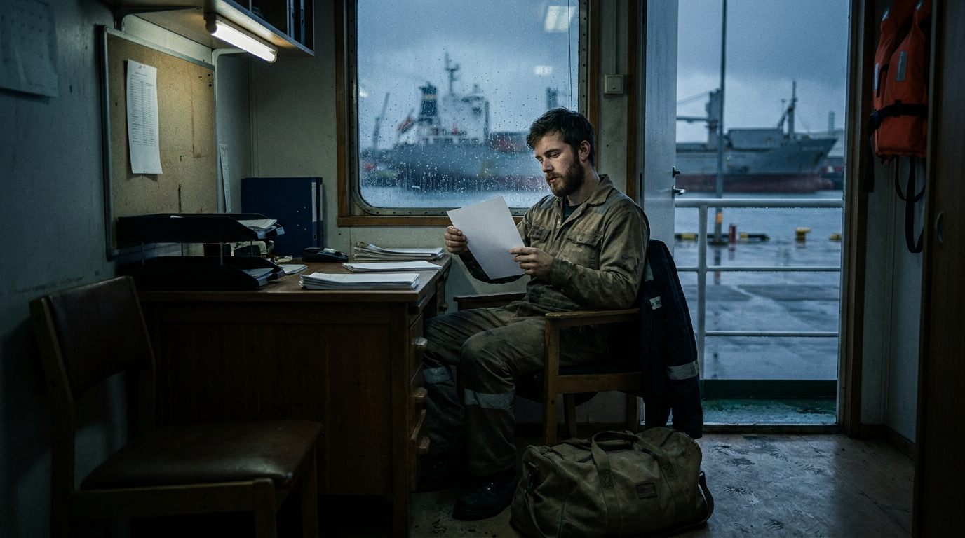 Seafarer reading contract pages at a crewing agency desk, rain streaking the window