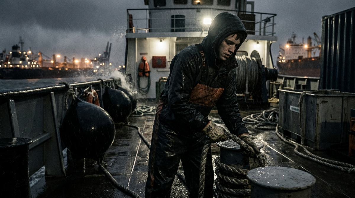 Deckhand in foul-weather gear coiling a wet mooring line on a working deck at night in the rain