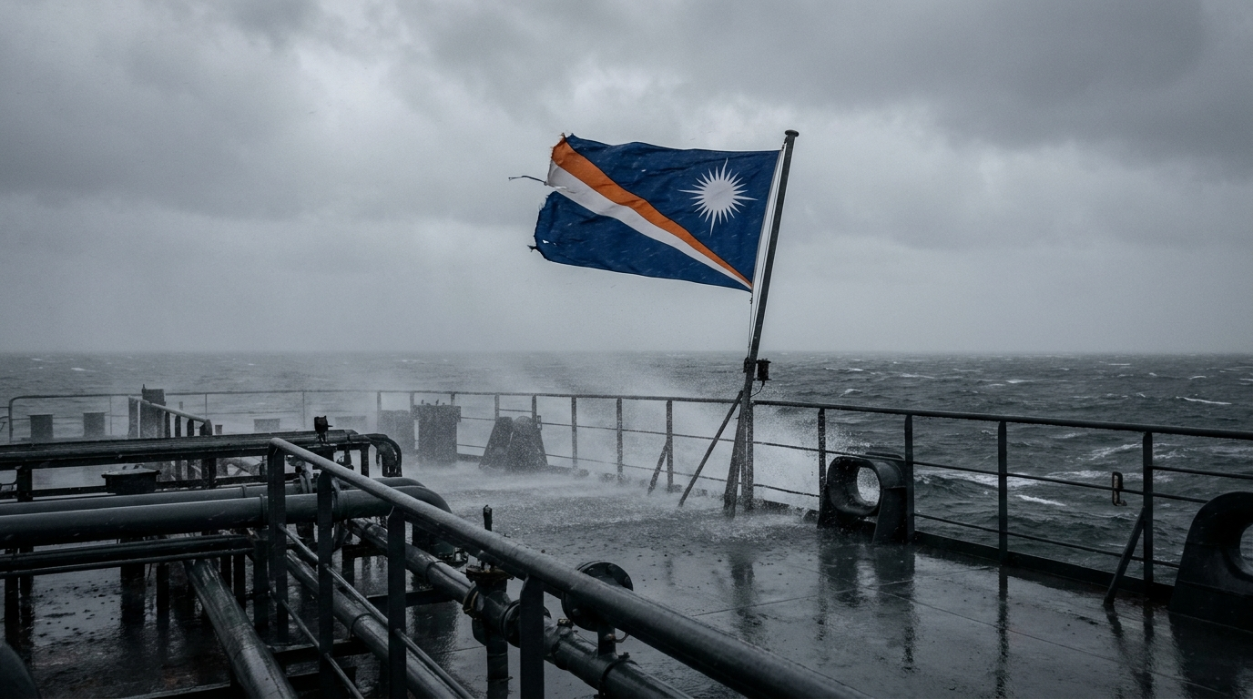Marshall Islands flag straining in the wind at the stern of a product tanker in rough weather