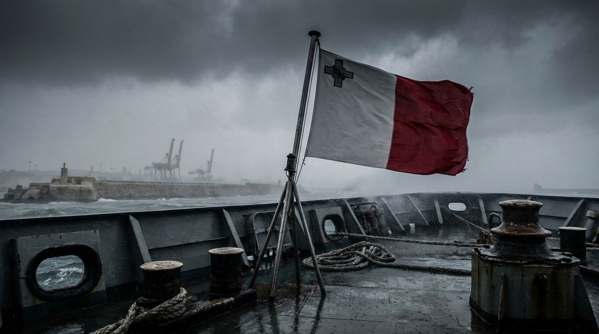Malta flag with the George Cross on a ship's stern flagstaff in a Mediterranean harbor in drizzle