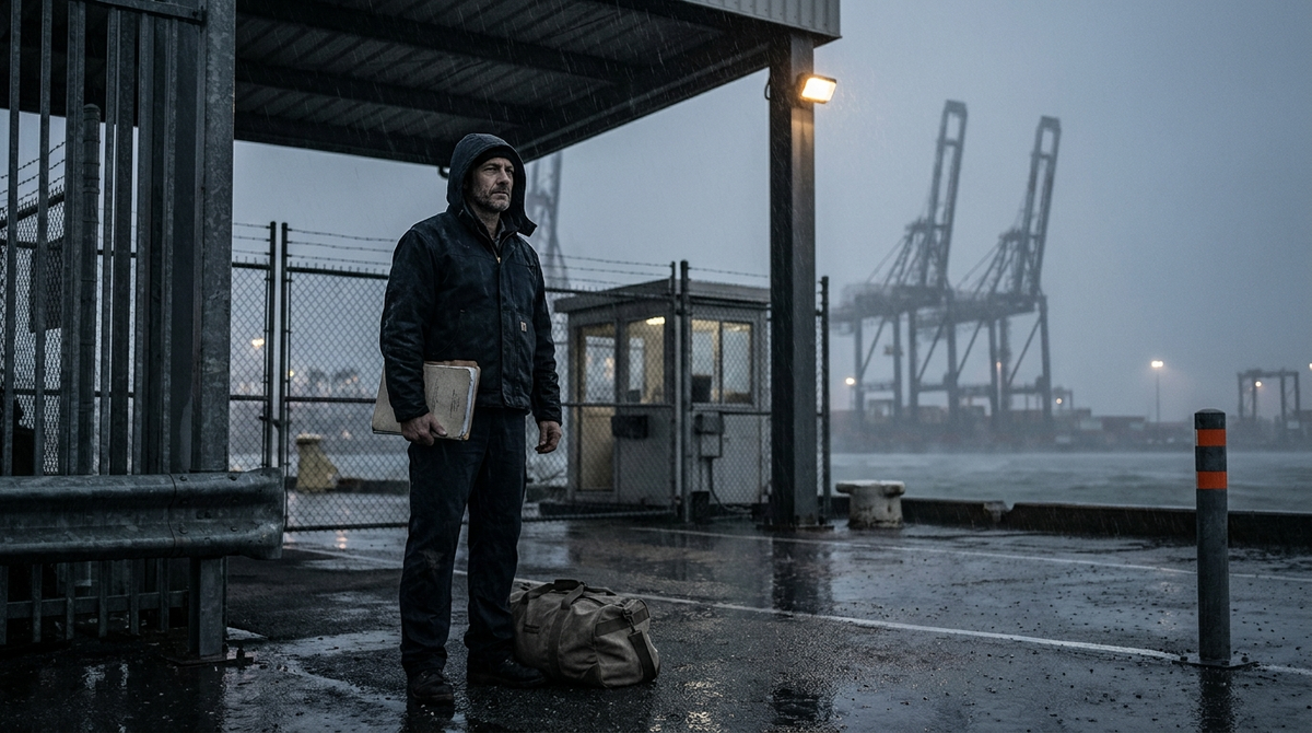 Seafarer with kitbag and document folder waiting at a port gate in the rain before dawn