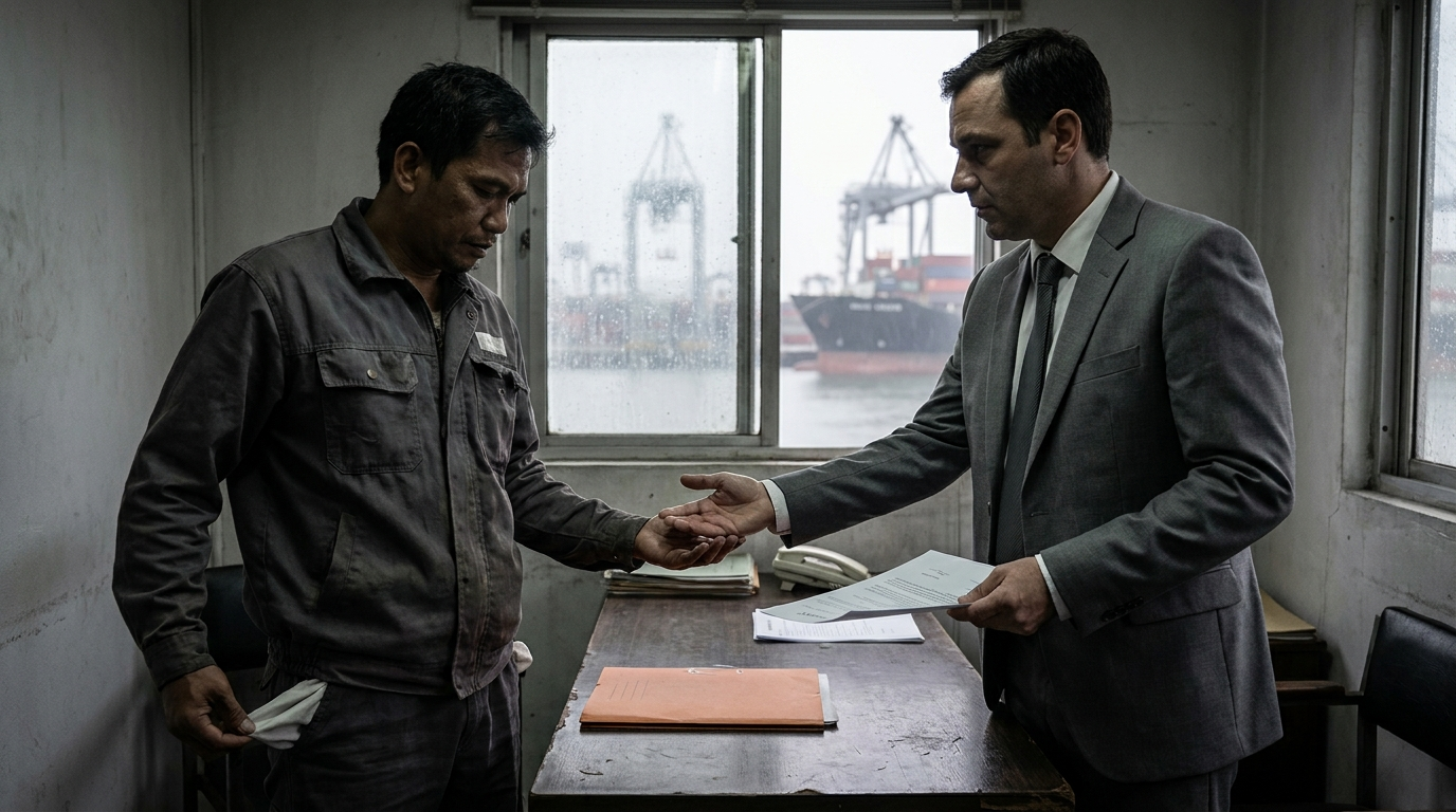 Seafarer pulling his empty trouser pocket inside out while a recruitment agent in a suit holds out an open hand and a contract in a crewing agency office