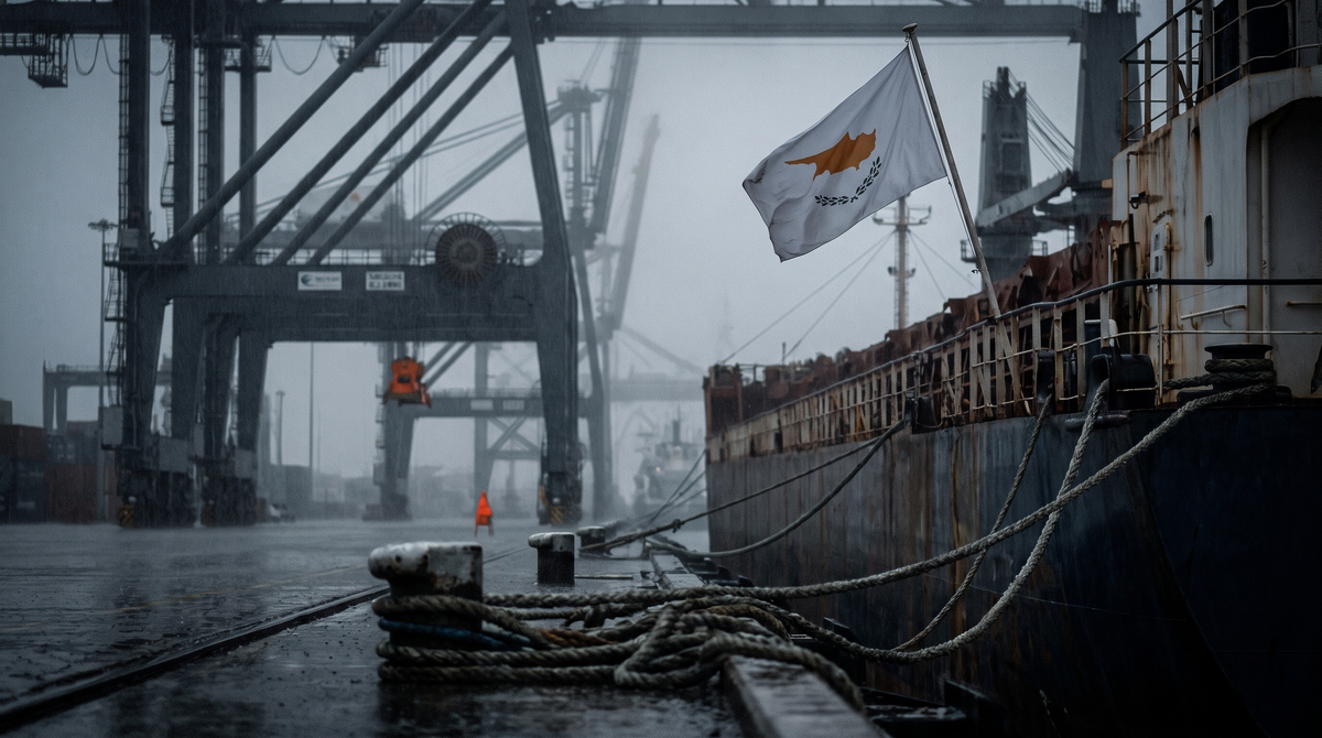 Cyprus flag on a bulk carrier's stern flagstaff at a container quay in drizzle