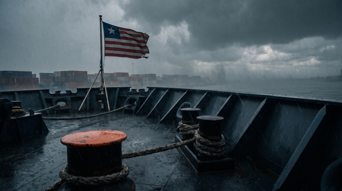 Liberian flag on the stern flagstaff of a container ship in heavy rain
