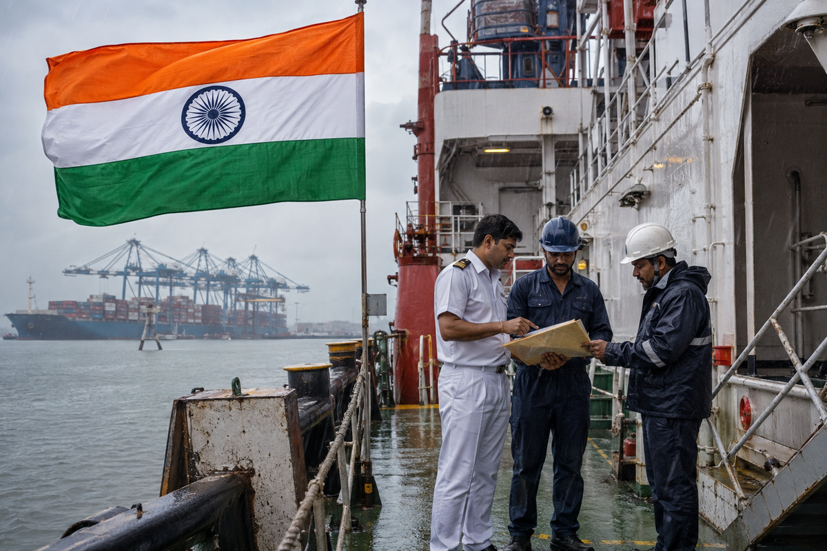 Indian flag over a rain-soaked merchant ship as Indian officers review employment papers in port