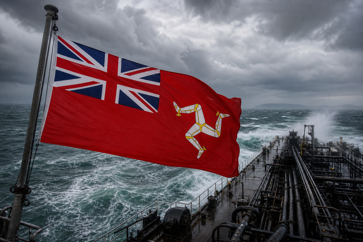 Manx Red Ensign flying over a product tanker in rough Irish Sea weather