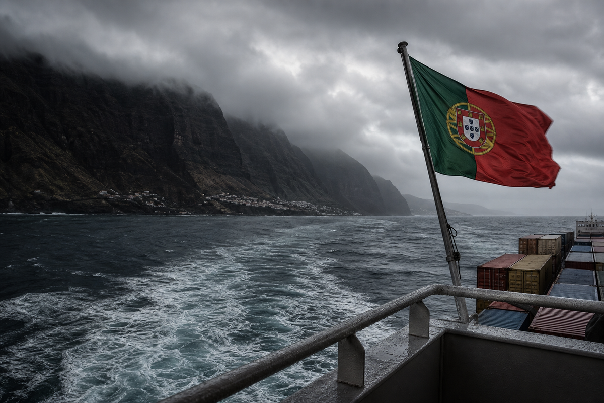 Portuguese flag flying from a container ship off the dark volcanic cliffs of Madeira