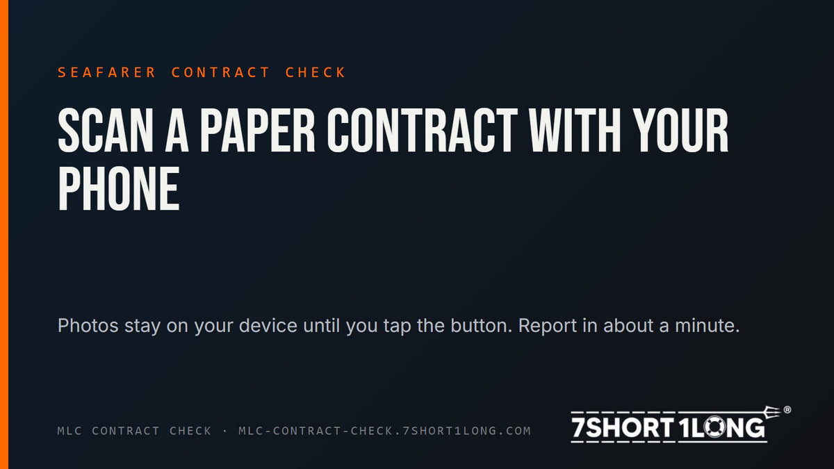 Dark title card: scan a paper contract with your phone, seafarer contract check
