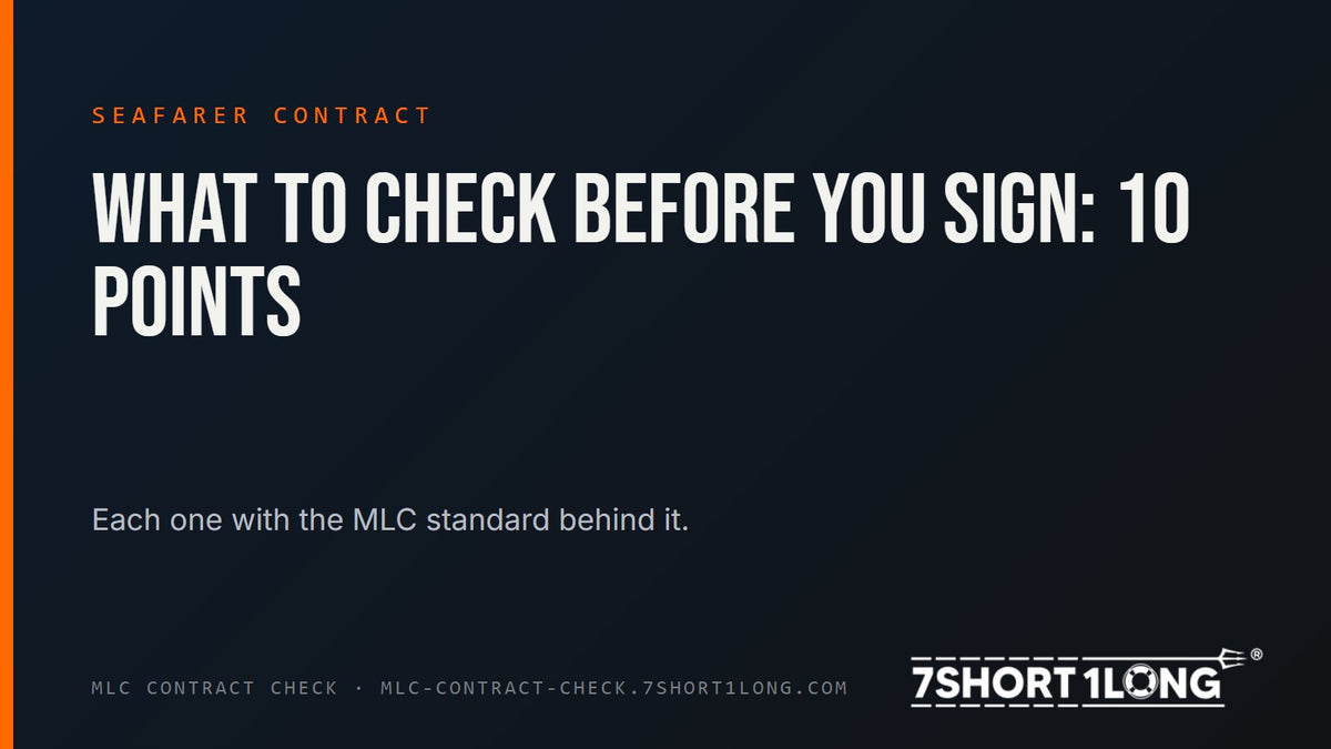 Dark title card: what to check before you sign, 10 points, seafarer contract