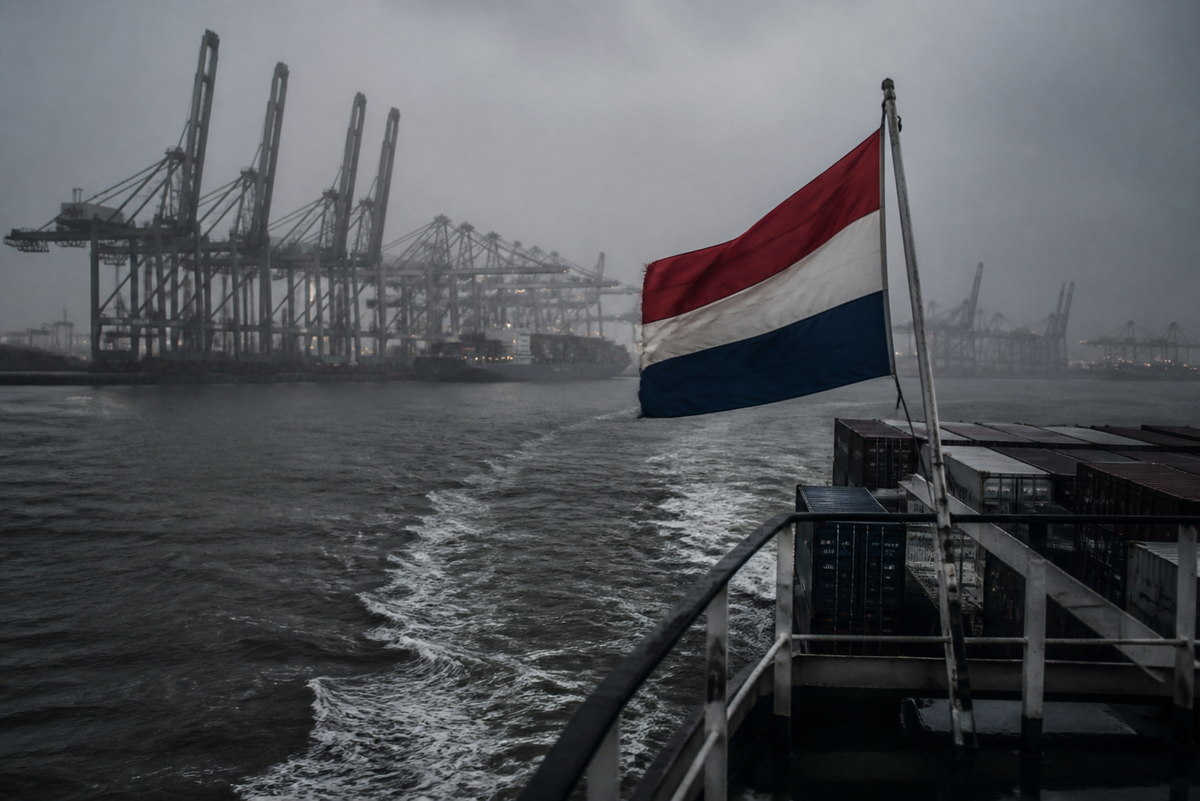 Dutch flag flying from a container ship at Rotterdam Maasvlakte in rain
