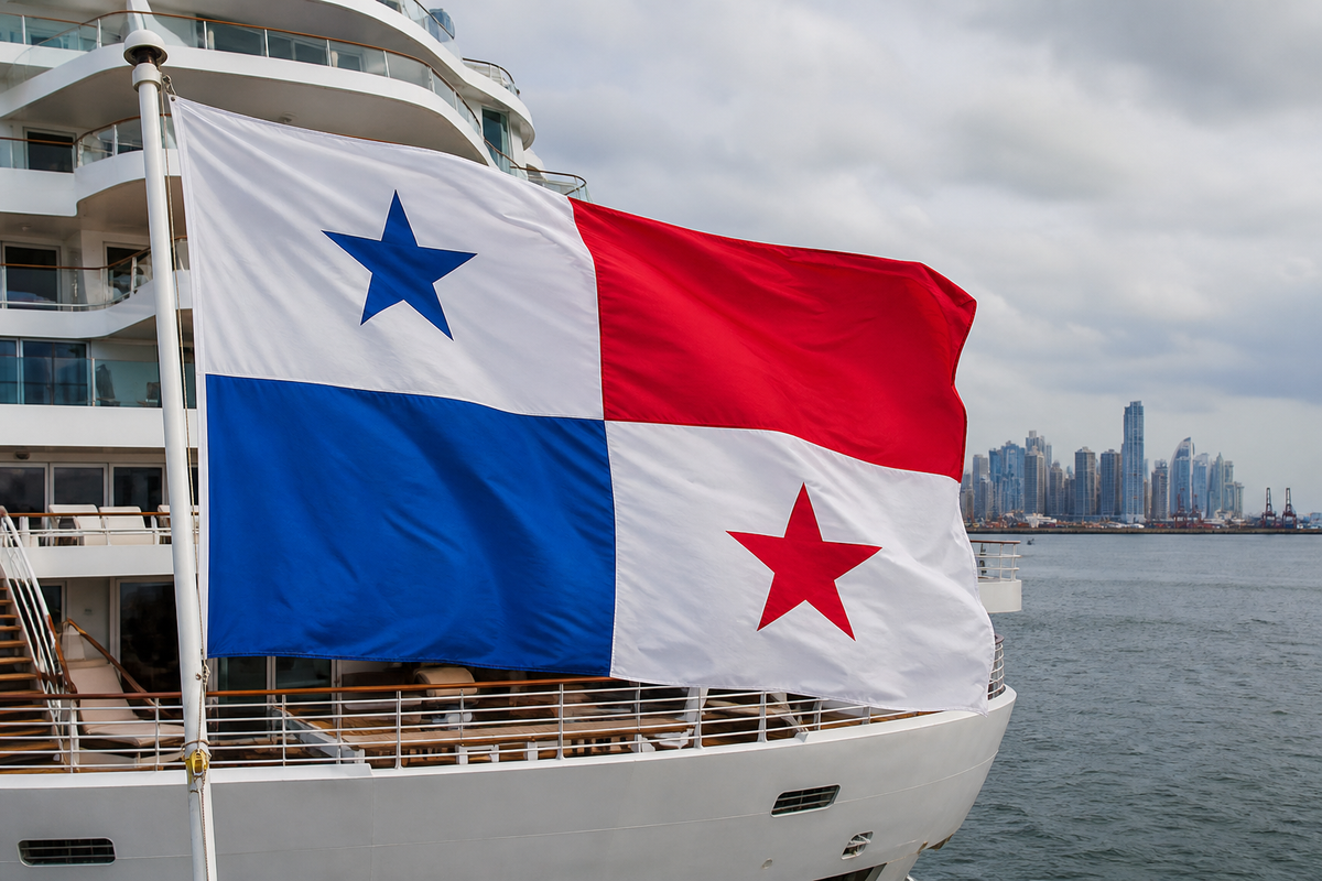 Panama flag flying from the stern of a white cruise ship with Panama City harbor in the distance