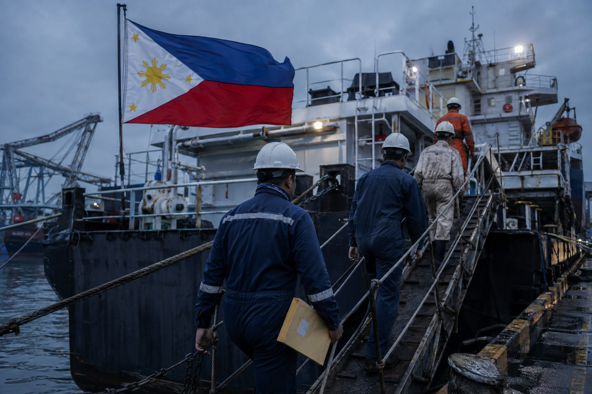Philippine flag above a working cargo vessel as Filipino deck crew carry employment papers up a wet gangway