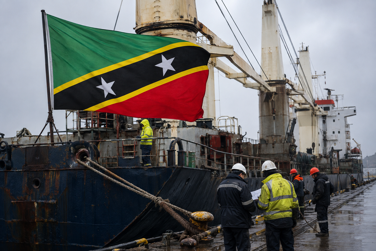 Saint Kitts and Nevis flag over an aging cargo ship as inspectors and crew review papers in the rain