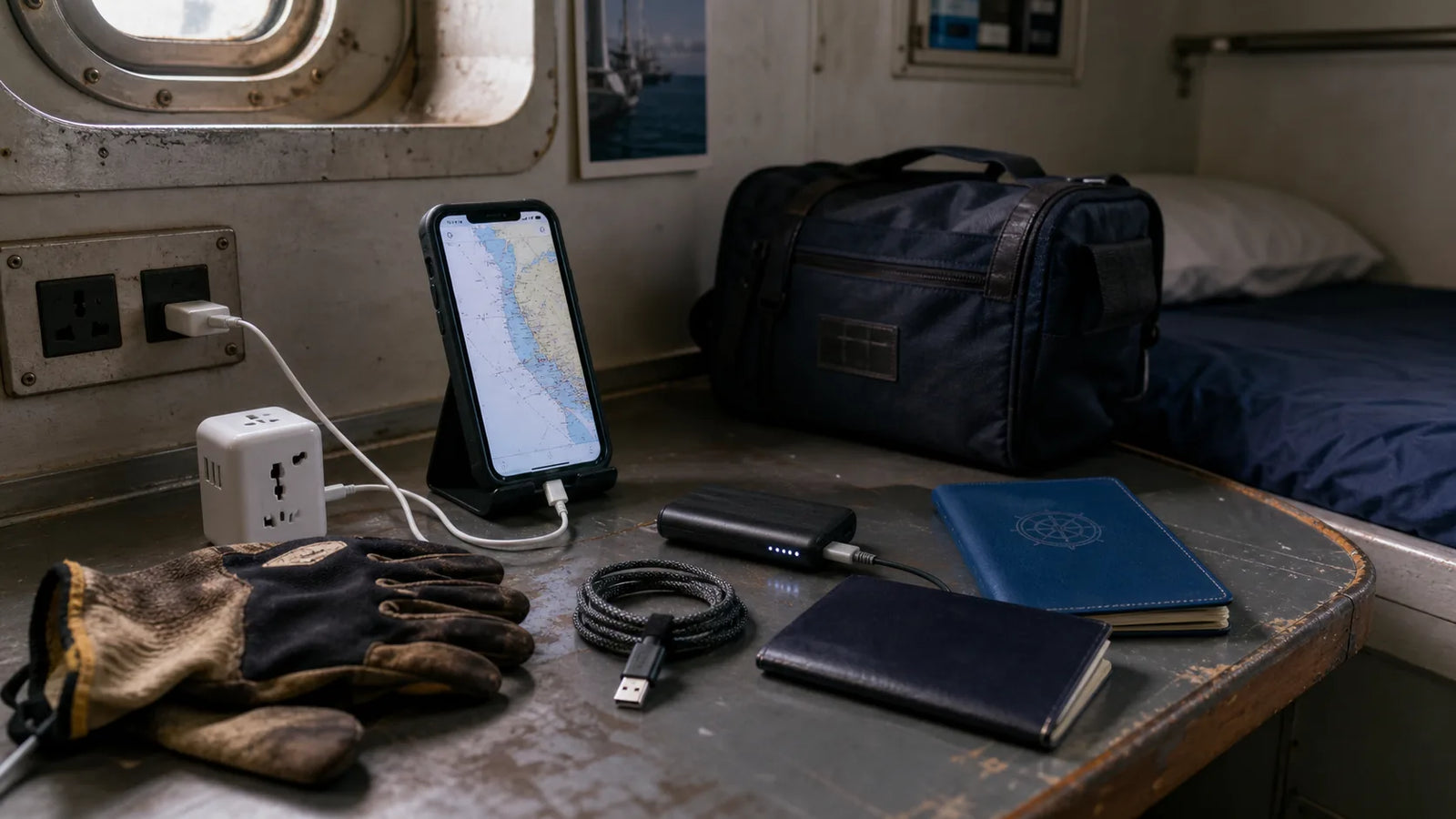 Seafarer phone setup on a cabin desk with charger, offline map, documents, adapter, and shore leave gear before sign-on