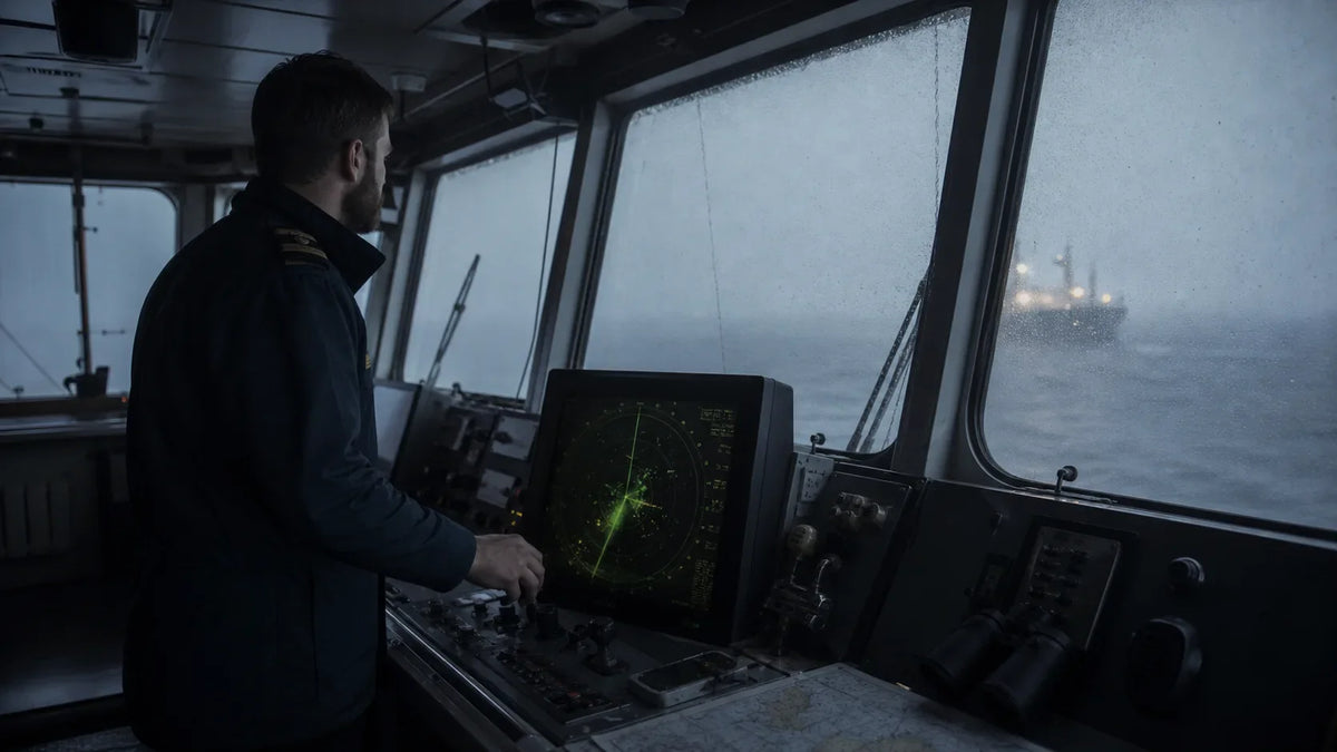 Officer on a ship bridge in fog near radar and whistle controls during navigation watch