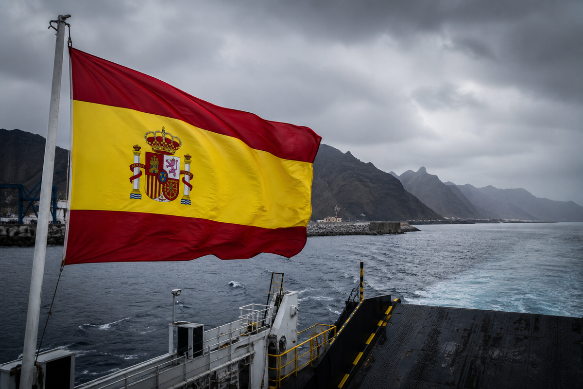 Spanish flag on the stern of a cargo vessel off the volcanic Canary Islands coast