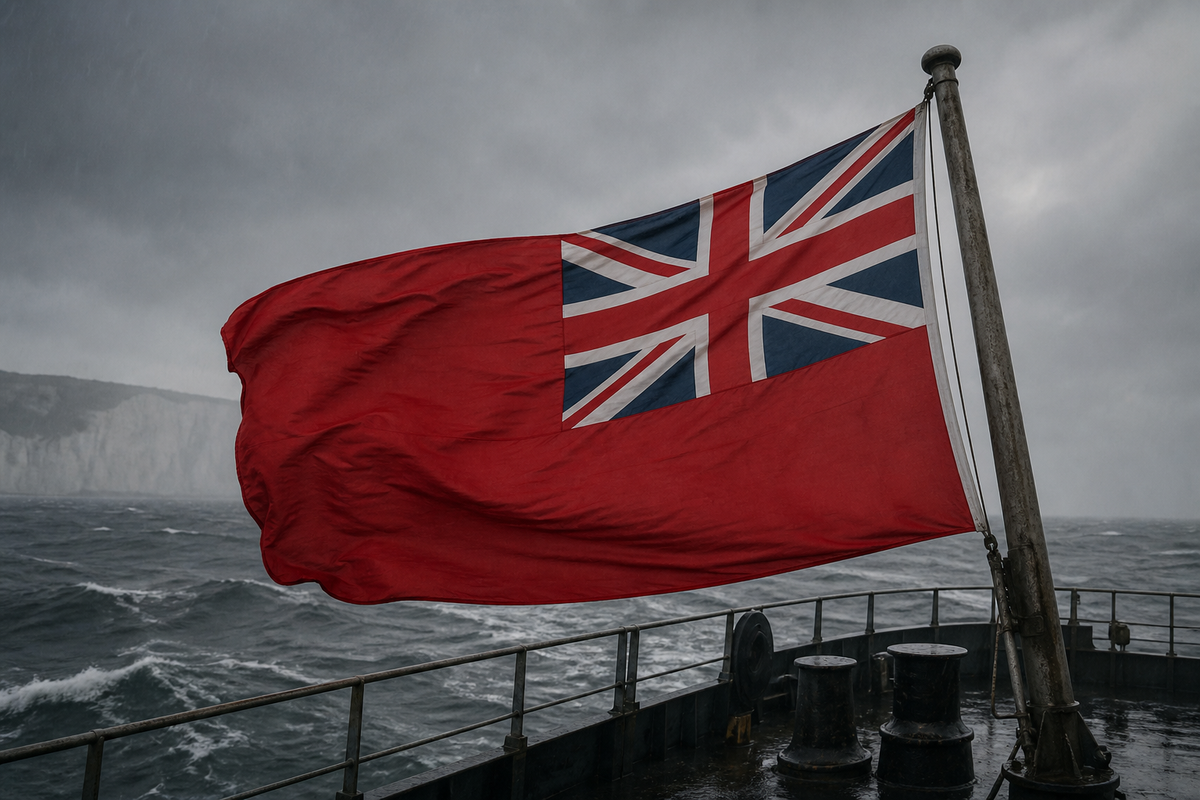British Red Ensign on a merchant ship in the rainy English Channel