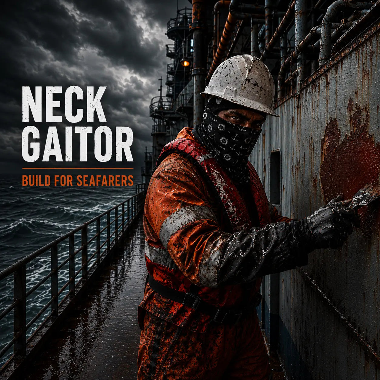 Seafarer Neck Gaiter by 7SHORT1LONG worn by deck crew on a ship — 6-in-1 maritime face cover for real seafarers working in all weather conditions at sea.