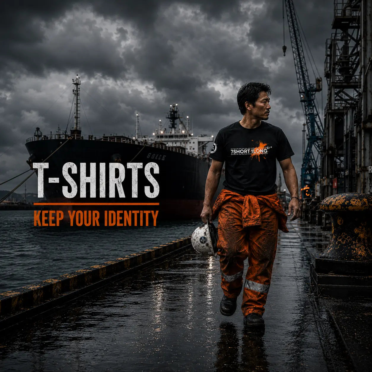 Maritime T-Shirts worn by three international crew members standing at a busy harbor pier with container ships, tanker vessels, and cruise ships in the background, representing authentic seafarer lifestyle