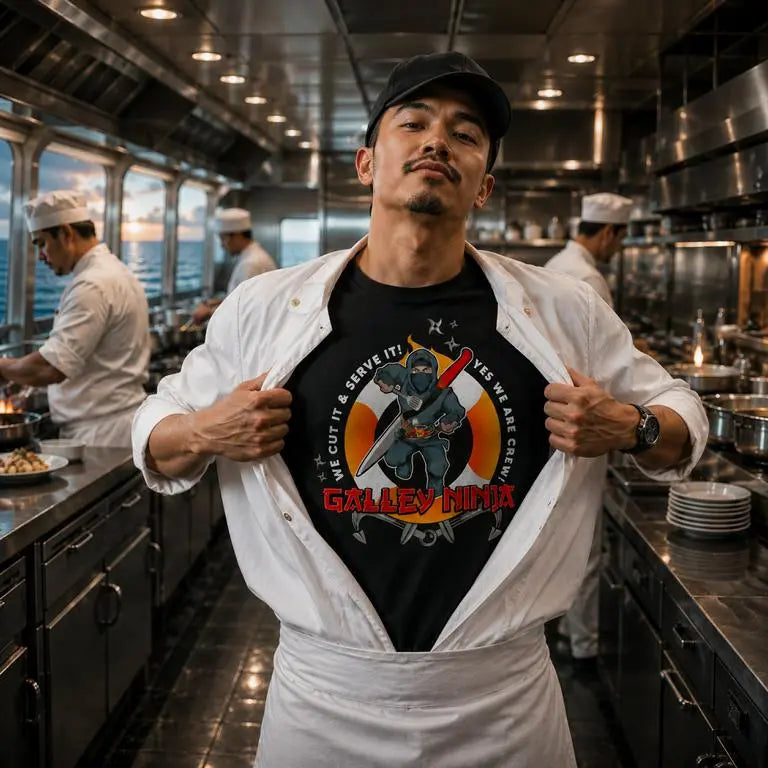 Young cruise ship kitchen crew member opens his white chef jacket to reveal the black Galley Ninja T-shirt by 7SHORT1LONG while standing inside a stainless-steel ship galley with fellow chefs working in the background.