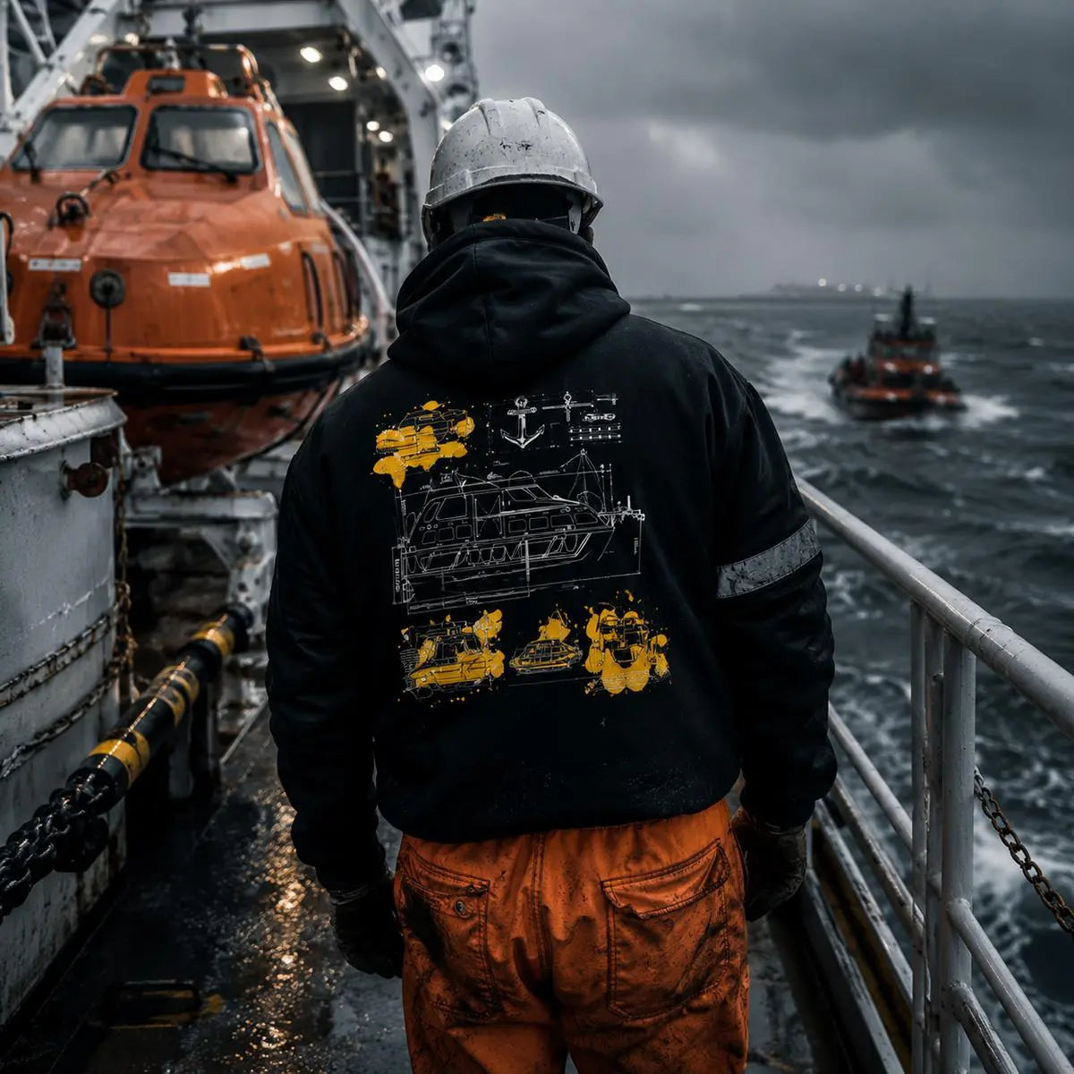 Seafarer wearing a 7SHORT1LONG safety hoodie on a wet ship deck in front of orange lifeboats during rough sea conditions — authentic maritime safety culture apparel.