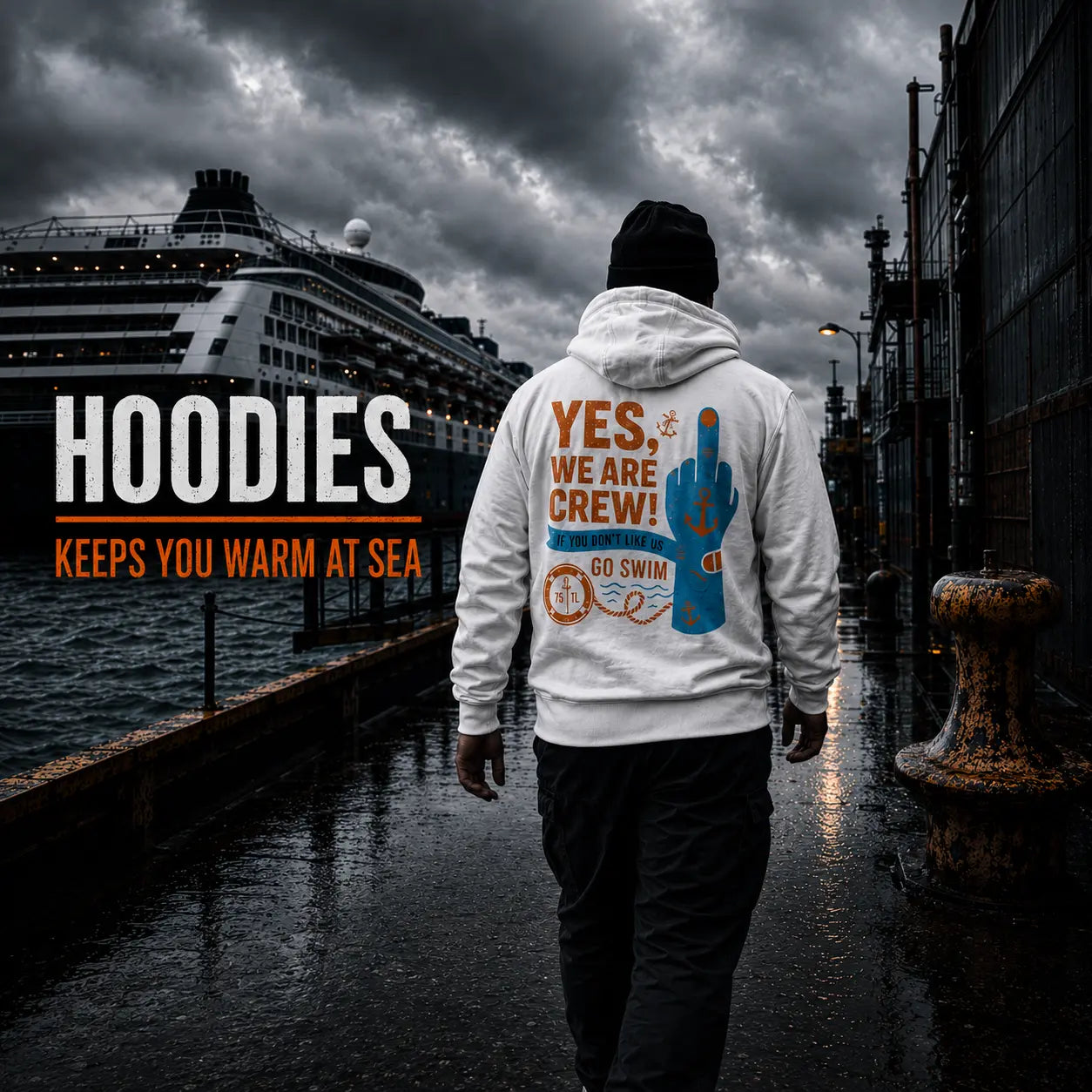 Seafarer Hoodie by 7SHORT1LONG worn by crew members on a container ship deck — authentic maritime crew apparel for real seafarers working at sea worldwide.