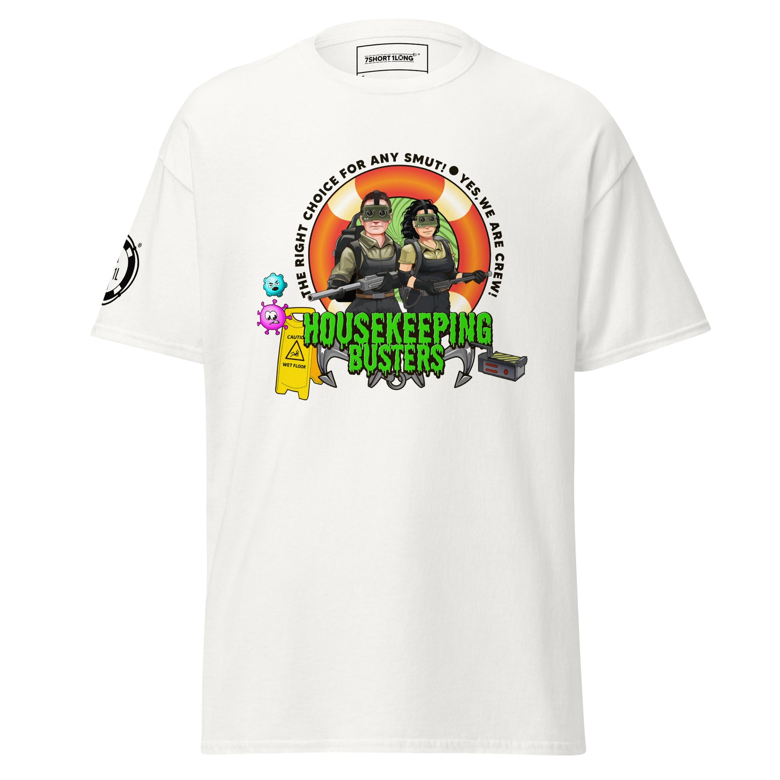 7SHORT1LONG® housekeeping department T-shirt featuring a comfortable fit and clear printed logo on front.